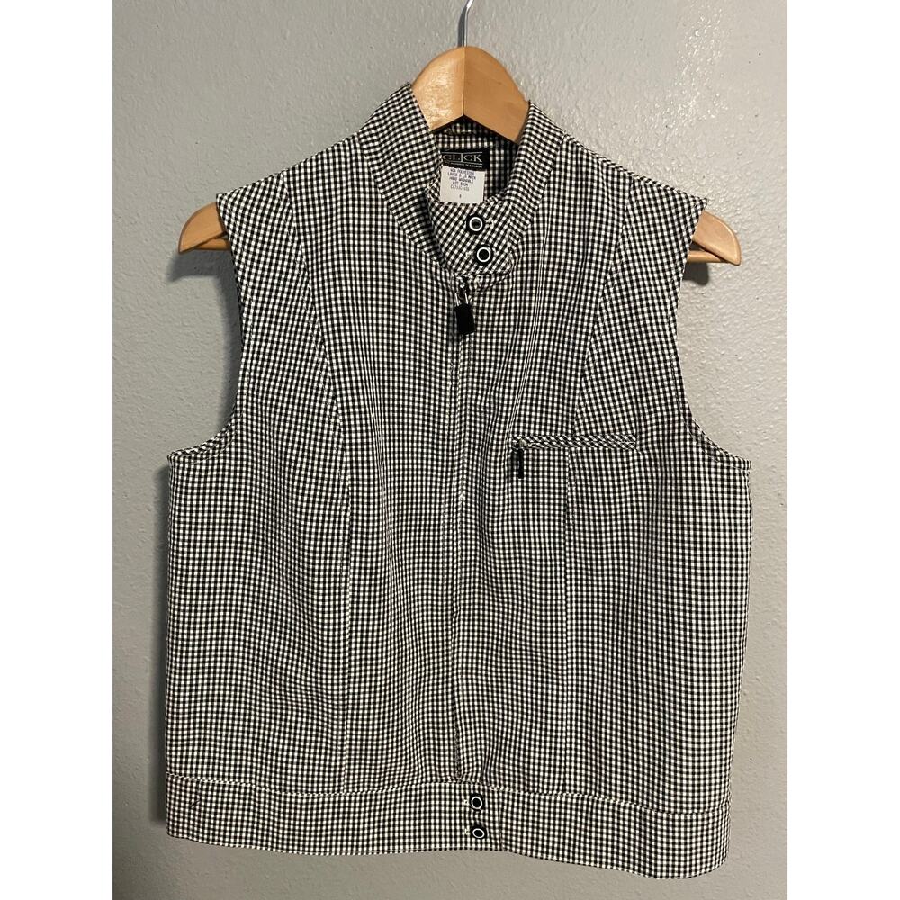 Vintage Click Vest Womens 8 Black White Gingham Check Zip Front Mock Neck 90s